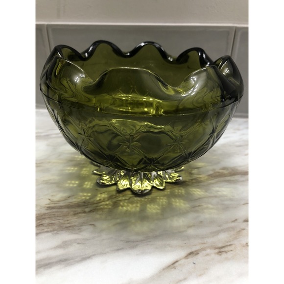 Indiana Glass Other - Vintage 1960s Indiana Glass Bowl Quilted Duette Pattern Bowl Metal Pedestal.